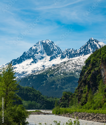 View of majestic mountains viewed through the gorge of Keystone Canyon near Valdez in Alaska