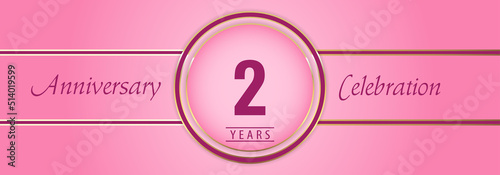 2 years anniversary celebration with gold and pink circle frames on pink background. Premium design for brochure, poster, banner, wedding, celebration event, greetings card, happy birthday party.