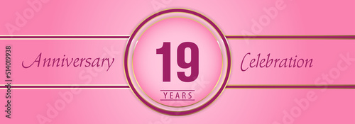 19 years anniversary celebration with gold and pink circle frames on pink background. Premium design for brochure, poster, banner, wedding, celebration event, greetings card, happy birthday party.