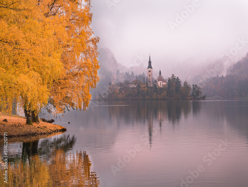Foggy and mystic autumn at lake Bled in Slovenia