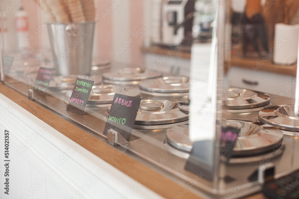 Process of making ice cream. Professional ice cream dessert making in cafeteria. Ice cream equipment. Process of making ice cream. Professional ice cream dessert making in cafeteria. Ice cream equipment.