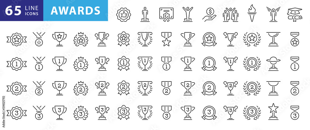 Awards line icons set. Trophy cup, Medal, Winner prize icon. Vector - obrazy, fototapety, plakaty 