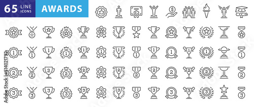 Awards line icons set. Trophy cup, Medal, Winner prize icon. Vector