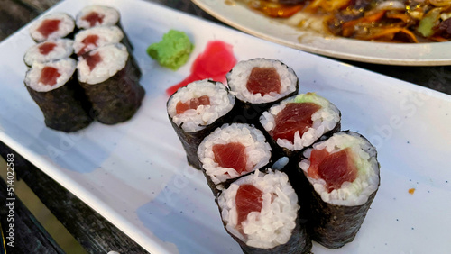 Fresh tuna maki with wasabi on the side