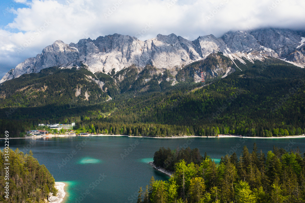 View on the beautiful Zugspitze mountain and the Eibsee in Bavaria, Germany