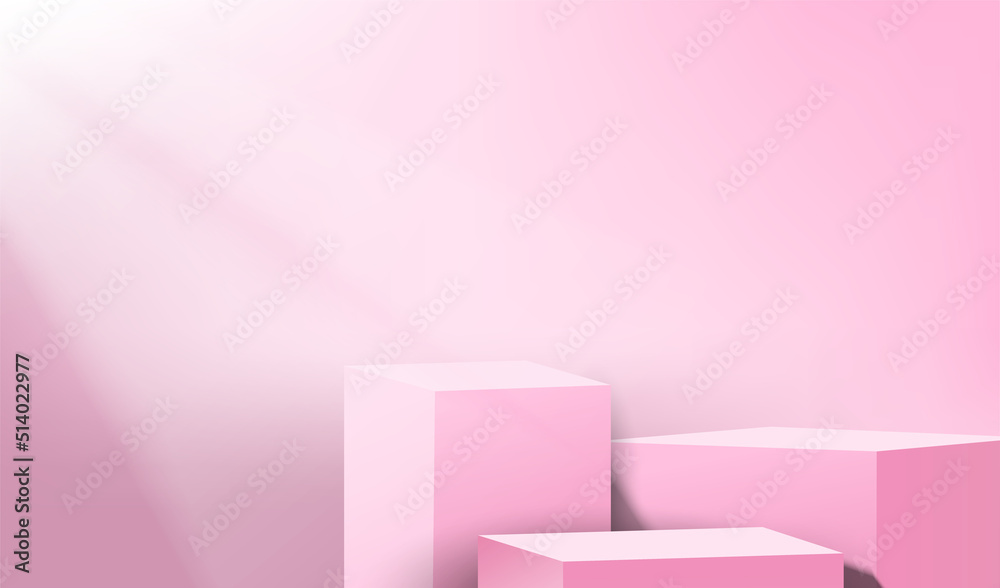 Realistic cylinder pink podium with light scene product display presentation. Realistic cylinder pink podium with light scene product display presentation.