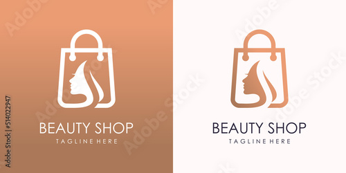 Woman logo design with creative shop bag concept Premium Vector