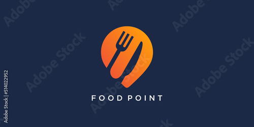 Food point logo design with creative pin location concept Premium Vector