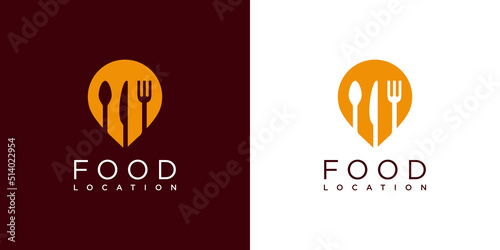 Food point logo design with creative pin location concept Premium Vector