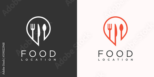 Food point logo design with creative pin location concept Premium Vector