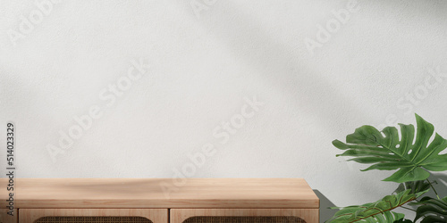 Fototapeta Naklejka Na Ścianę i Meble -  3D Render background minimal style with wood table monstera plant and white clean concrete wall in bright sunlight ray. Empty counter for product presentation. Natural mockup.Nature display. Stand.