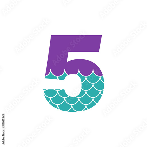 Mermaid birthday number 5. Clipart image isolated on white background