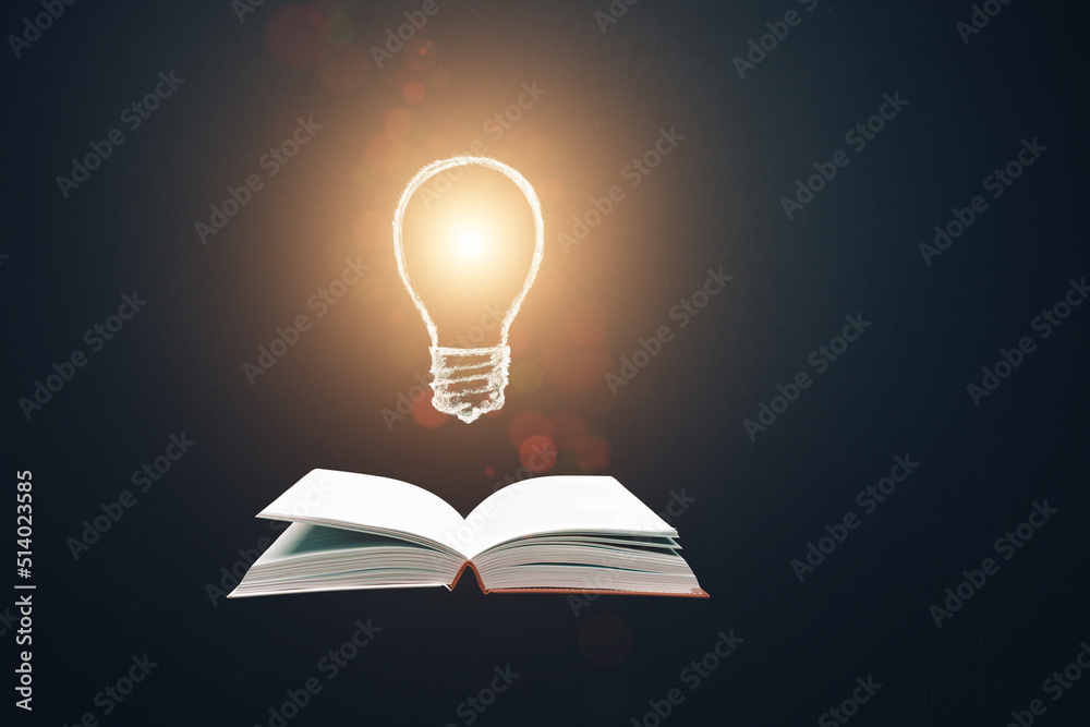 Education concept, studying, knowledge. Open book with lightbulb. Learning symbol. Copy space Education concept, studying, knowledge. Open book with lightbulb. Learning symbol. Copy space