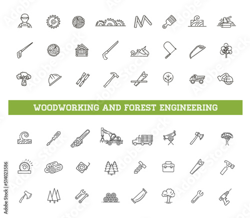 Logging, sawmill line icons. Instruments for working with wood. Forest Engineering