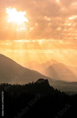 Epic sunrise over the castle at lake Bled in Slovenia