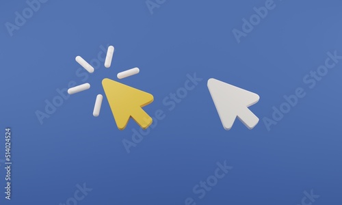 Set White and yellow arrow pointer 3d rendering illustration icon, cursor. Mouse cursor for website browser. Yellow and white arrow, cursor on blue background. Concept design in modern style.