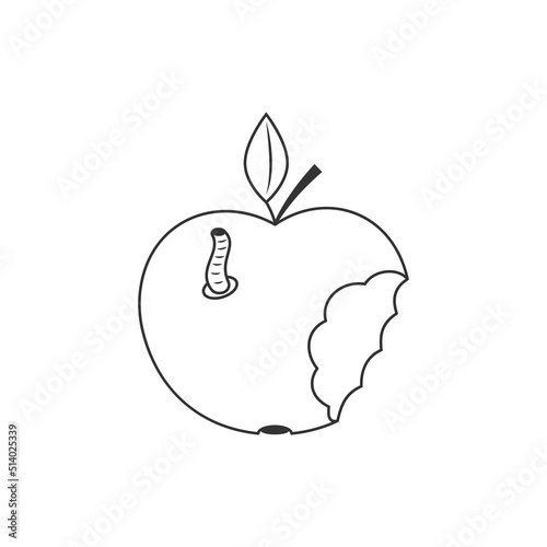 Vector wormy fruit icon. Bitten apple with a worm, black lines on a white background.