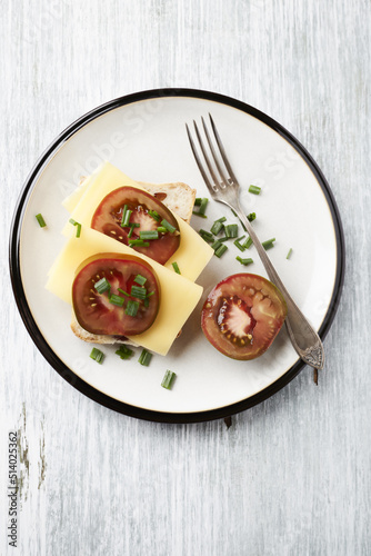 Sandwich with cheese and tomatoes. Bright wooden background. Top view. Copy space.
