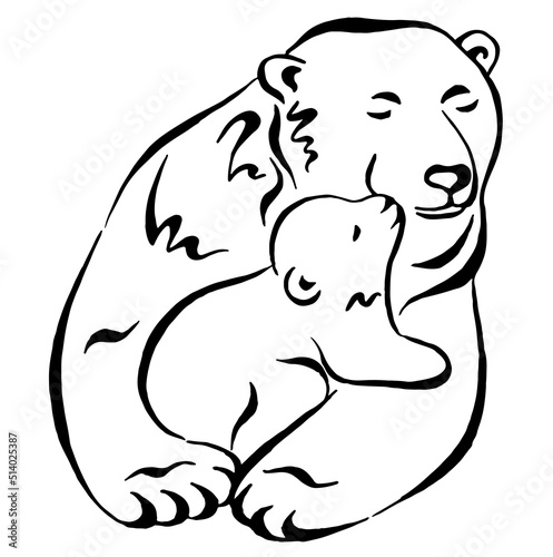 Polar bear hugging  with baby. Calligraphy. Arctic animals. Polar Bears silhouette isolated on a white background. Linear drawing. Vector illustration.