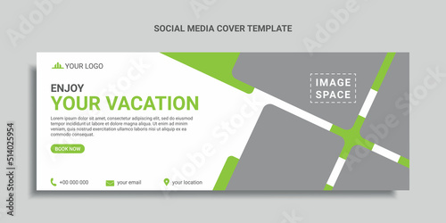 travel social media cover design or web banner with green color shapes