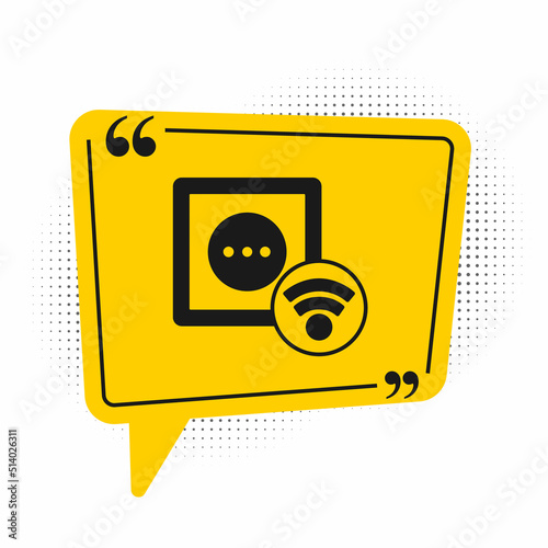 Black Smart electrical outlet system icon isolated on white background. Power socket. Internet of things concept with wireless connection. Yellow speech bubble symbol. Vector