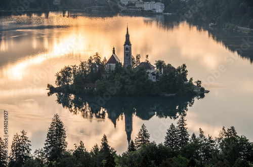 Beautiful autumn mist in the morning at Lake Bled.