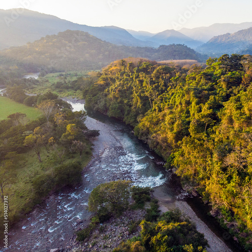 Beautiful Tropical Valley with river and rainforest in Mexico, Oaxaca state. Aerial drone photo