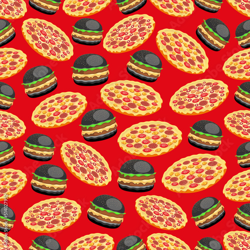Delicious pizza and a spicy black burger will give a taste and decorate your lunch, vector seamless pattern, pizza, black burger, fast food, live tasty
