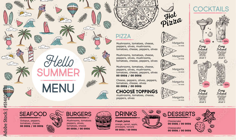 Summer menu, template design. Food flyer. Hand-drawn style. Vector illustration.
Summer menu, template design. Food flyer. Hand-drawn style. Vector illustration.