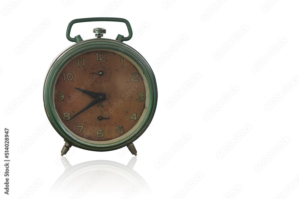 front view old and dirty green and brown alarm clock on white background, object, classic, banner, template, copy space front view old and dirty green and brown alarm clock on white background, object, classic, banner, template, copy space