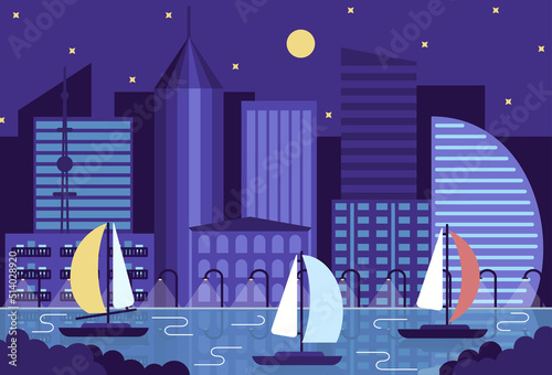 Panorama of the night city, sailboats on the water. Vector illustration in flat stile