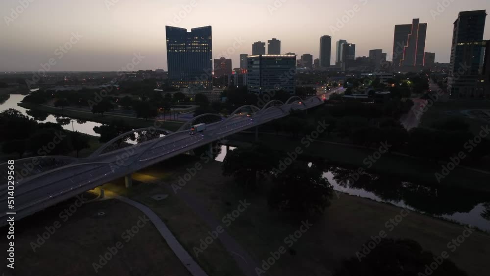 Trinity River at night with Ft Worth Texas skyline. Fort Worth is part of Dallas metropolis in USA. Major urban city. Aerial at dawn. Trinity River at night with Ft Worth Texas skyline. Fort Worth is part of Dallas metropolis in USA. Major urban city. Aerial at dawn.