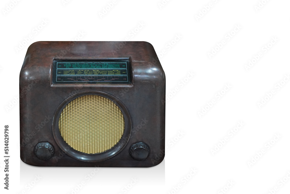Fototapeta premium top view brown leather and yellow radio on white background, object, fashion, music, volume, technology, copy space