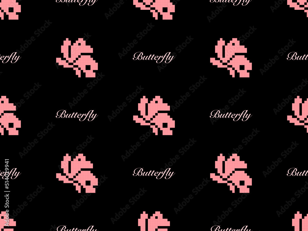 Butterfly cartoon character seamless pattern on black background. Pixel style