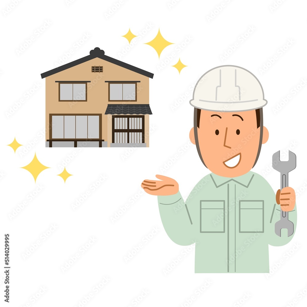 和風の一戸建て12・スパナを持つ作業員の男性1 和風の一戸建て12・スパナを持つ作業員の男性1