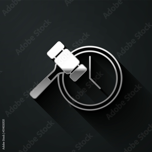 Silver Auction hammer icon isolated on black background. Gavel - hammer of judge or auctioneer. Bidding process, deal done. Auction bidding. Long shadow style. Vector
