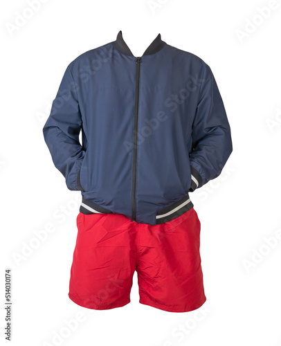 mens bomber jacket sports shorts isolated on white background. fashionable casual wear photo