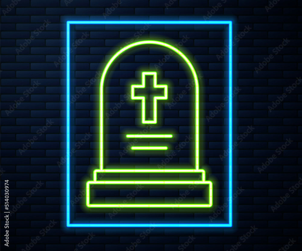 Glowing neon line Grave with tombstone icon isolated on brick wall background. Vector Glowing neon line Grave with tombstone icon isolated on brick wall background. Vector