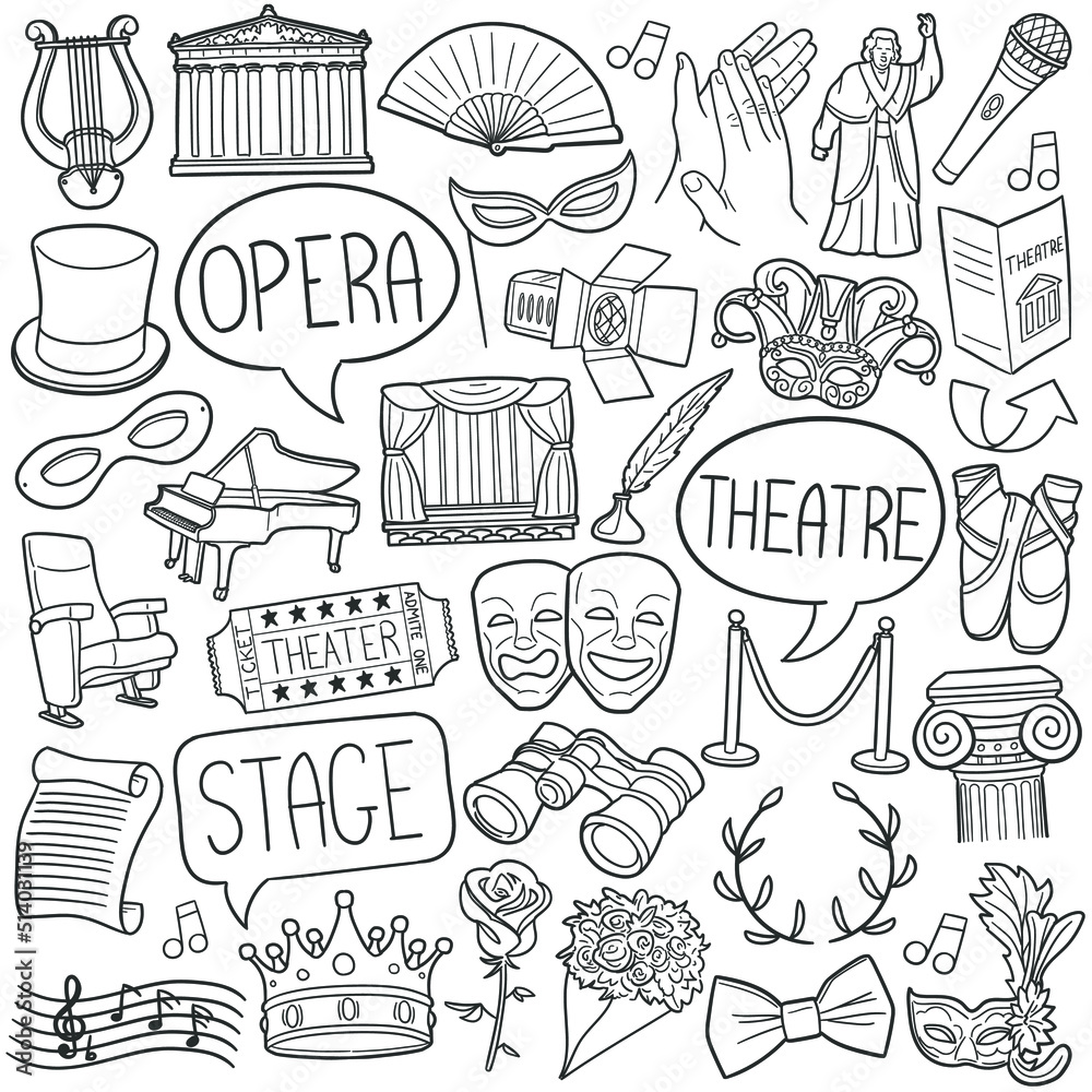 Theatre Doodle Icons. Hand Made Line Art. Show Clipart Logotype Symbol Design. Theatre Doodle Icons. Hand Made Line Art. Show Clipart Logotype Symbol Design.