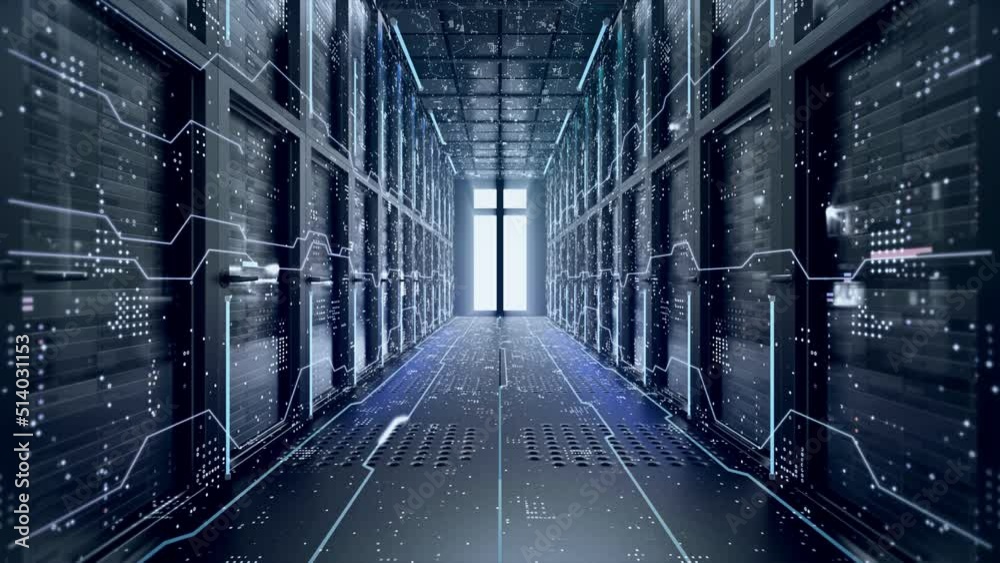 The 3d render Concept of: Digitalization of Information Flow Moving Through Rack Servers in Data Center. Room in lines and dots data connections	
