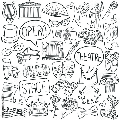 Theatre Doodle Icons. Hand Made Line Art. Show Clipart Logotype Symbol Design.