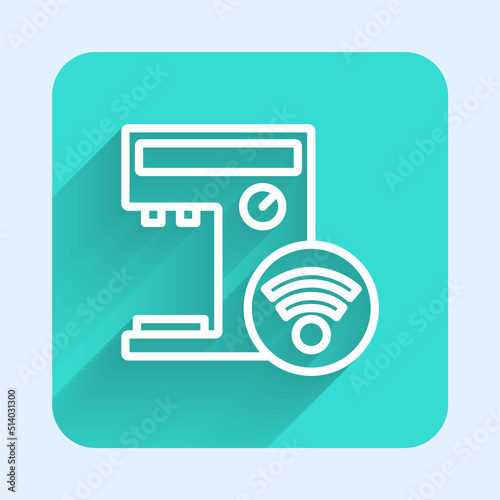 White line Smart coffee machine system icon isolated with long shadow. Internet of things concept with wireless connection. Green square button. Vector