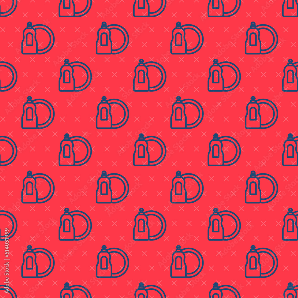 Blue line Dishwashing liquid bottle and plate icon isolated seamless pattern on red background. Liquid detergent for washing dishes. Vector Blue line Dishwashing liquid bottle and plate icon isolated seamless pattern on red background. Liquid detergent for washing dishes. Vector
