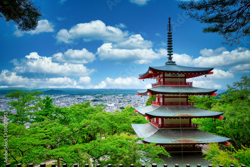 Chureito Pagoda in the spring on daytime in Fujiyoshida, Japan photo