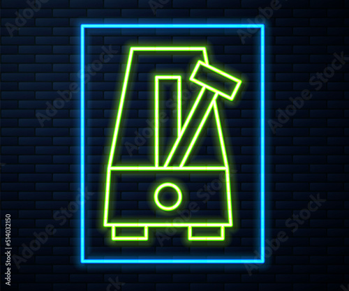 Glowing neon line Classic Metronome with pendulum in motion icon isolated on brick wall background. Equipment of music and beat mechanism. Vector