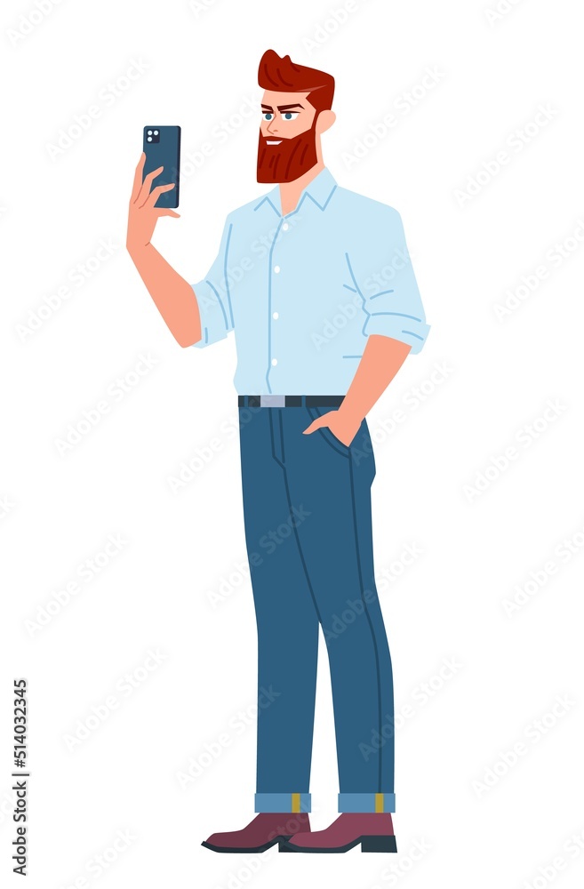 Man stands and holds a smartphone in his outstretched hand. Flat cartoon vector illustration on isolated white background Man stands and holds a smartphone in his outstretched hand. Flat cartoon vector illustration on isolated white background