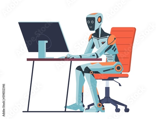 Cyborg in a chair working at a computer. Flat cartoon vector illustration on isolated white background