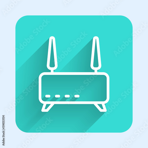 White line Router and wi-fi signal icon isolated with long shadow background. Wireless ethernet modem router. Computer technology internet. Green square button. Vector