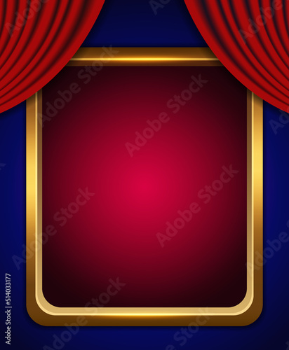 Vector illustration of square golden frame on dark blue background with red curtain