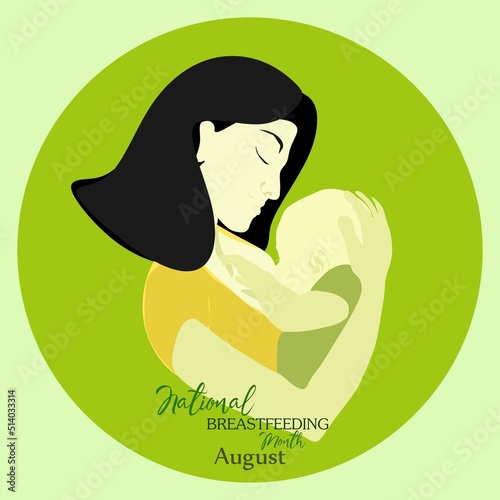 Young asian woman breastfeeding her newborn baby holding and nursing him in hands. Lactation concept. Breast feeding week or month clip art. Child drinks milk from the female breast.